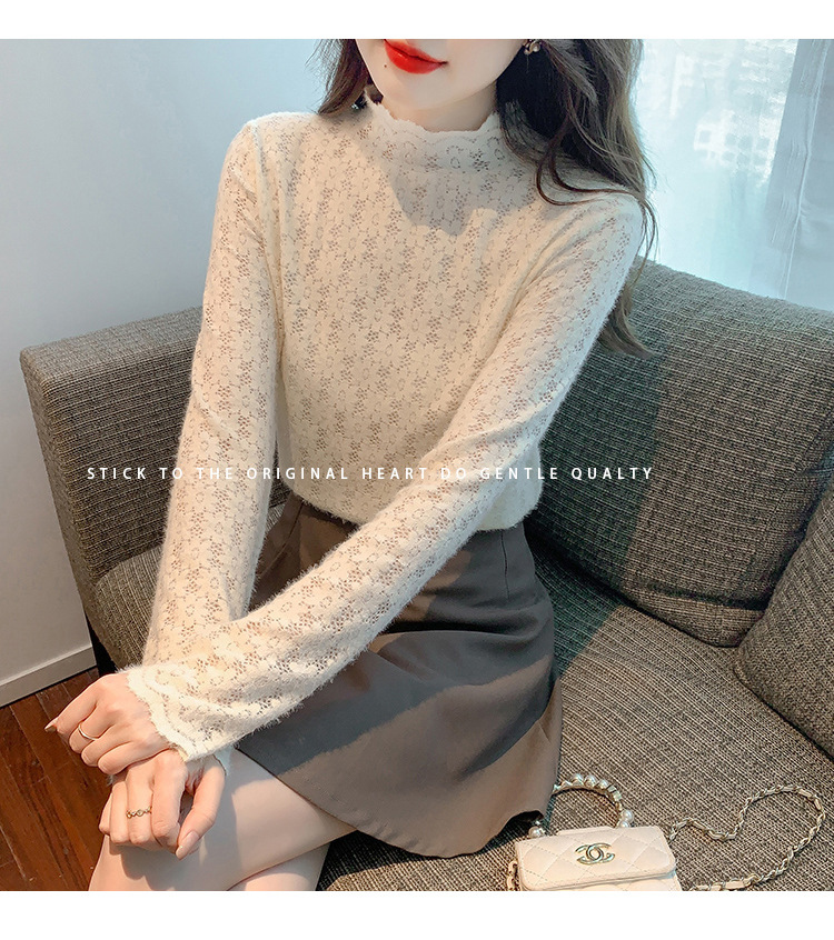 A stylish and youthful 2023 autumn collection, paired with a semi-high-neck top, long-sleeved small stand-up collar, and a youthful lace base layer for women pic 9