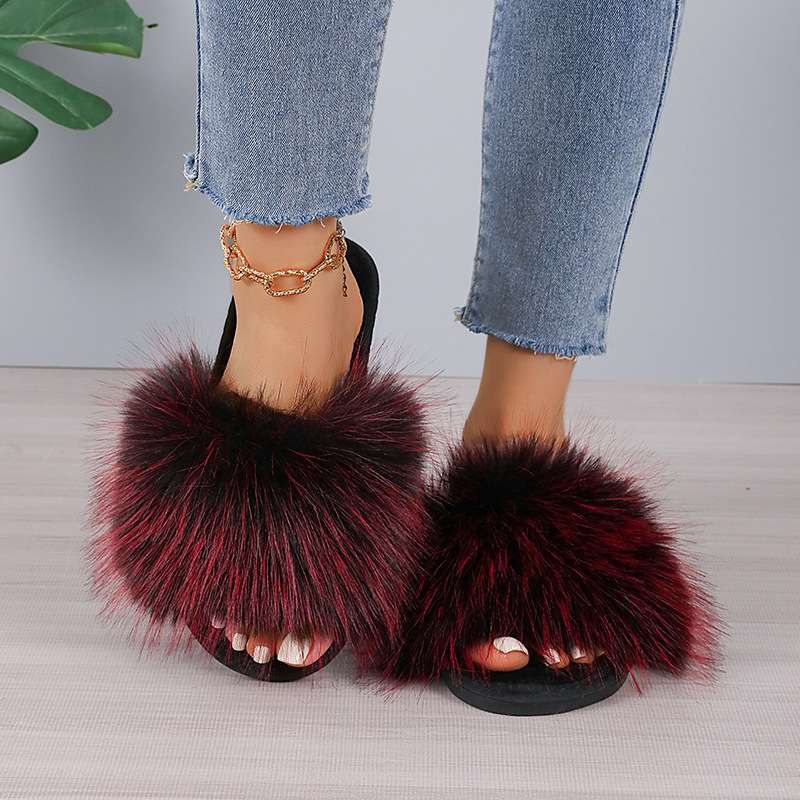 2024新款长毛绒拼色平底毛毛拖鞋女秋冬居家室内地板拖外贸一字拖详情20