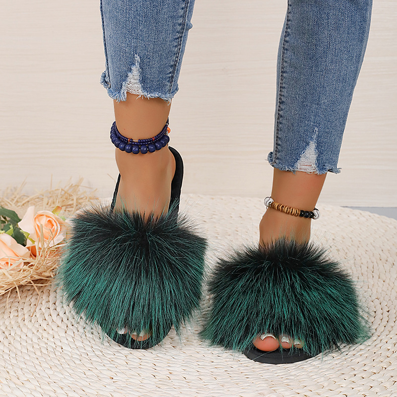 2024新款长毛绒拼色平底毛毛拖鞋女秋冬居家室内地板拖外贸一字拖详情6