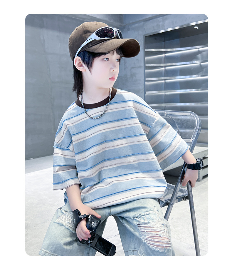 男童夏装条纹短袖T恤2025新款宽松儿童衣服中大童宽松半袖上衣潮详情18