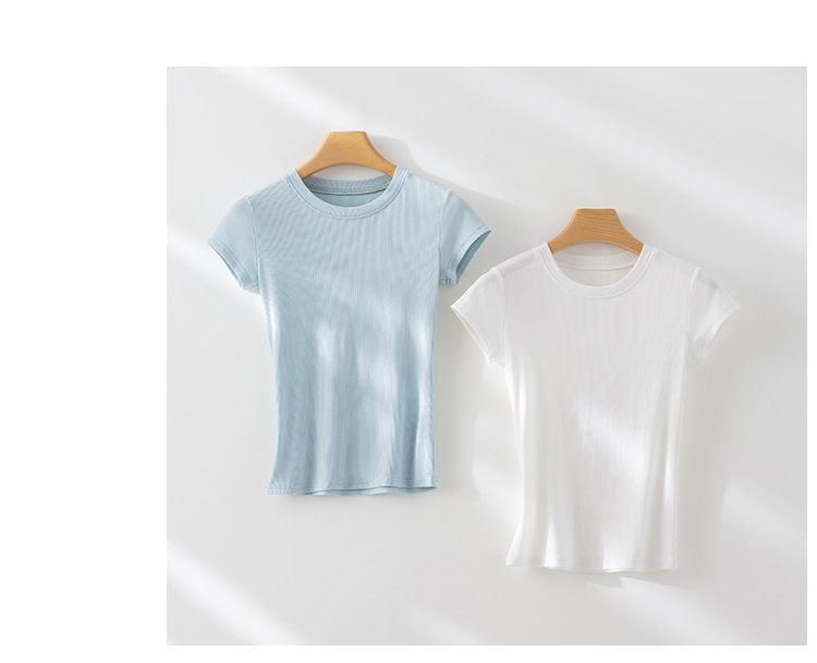 韩版简约针织短袖T恤女夏季新款小众设计感修身百搭圆领纯色上衣详情12