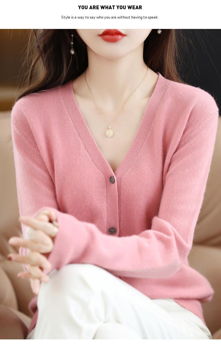 New Spring and autumn knitted cardigan for women, V-neck loose short solid color long-sleeved versatile sweater coat made of wool blend pic 48