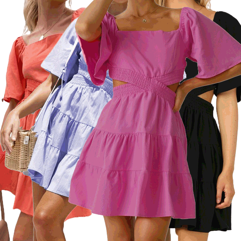 2022 European and American Cross-border Spring/Summer New solid-color rubber-waisted fresh and sweet short dress 22053 pic 1