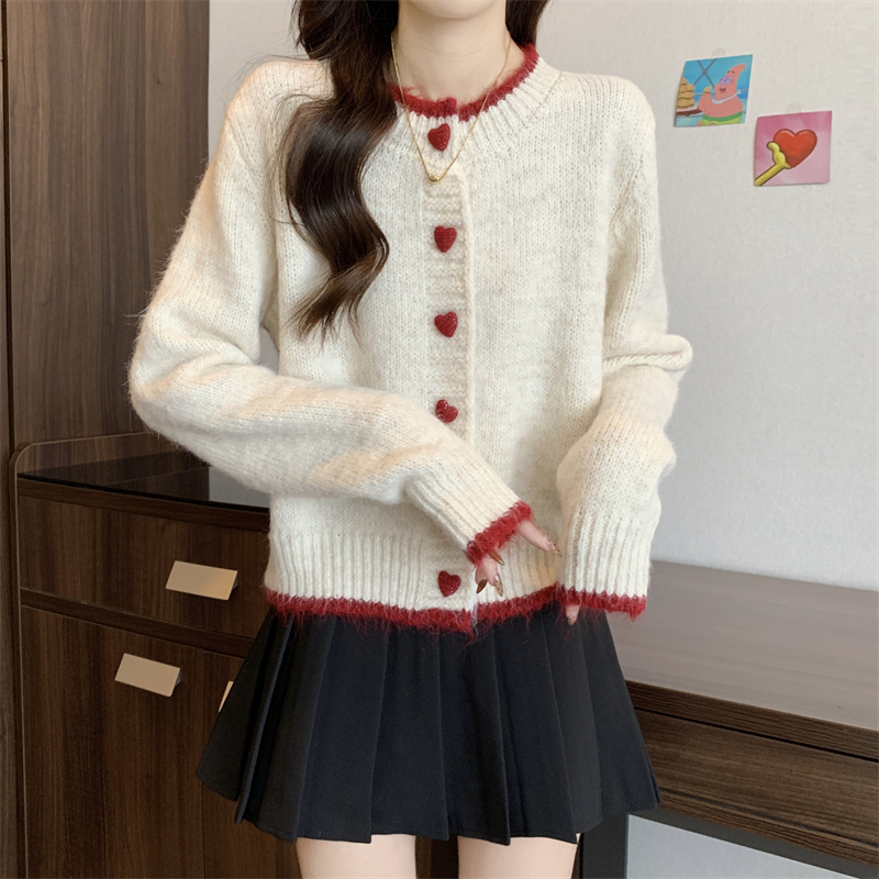 KANING拼色爱心纽扣针织开衫女2025早春新款慵懒风软糯毛衣外套女详情7