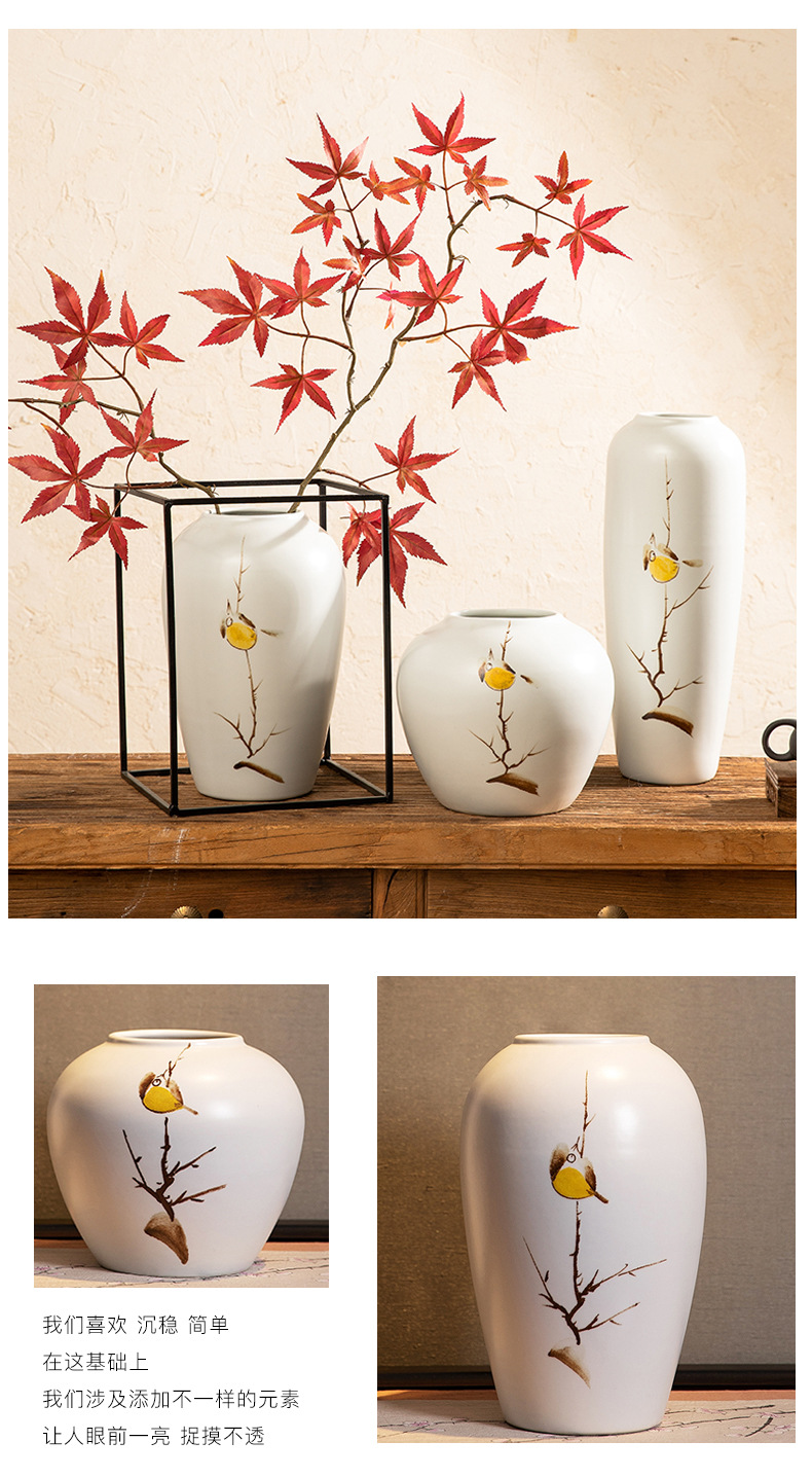 Jingdezhen ceramic hand-painted Spring bird vase, tea room decoration, dried flower arrangement, living room three-piece set decoration pic 4
