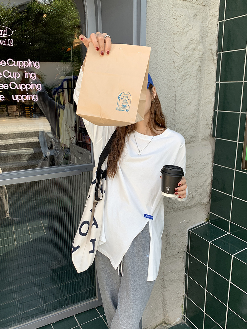 黄峥简约贴标开叉长袖T恤女2022春韩版宽松休闲设计感上衣T85396详情29