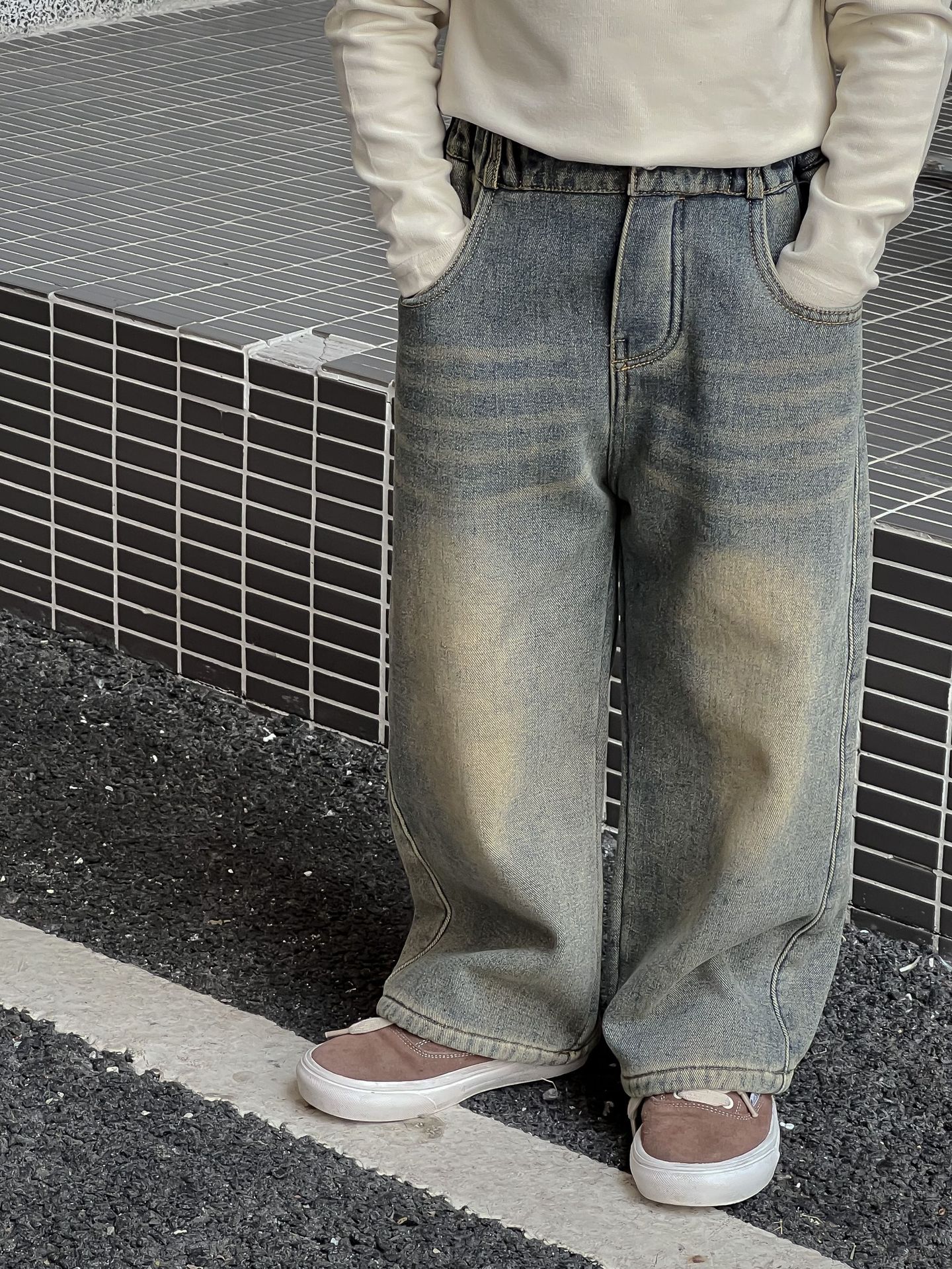 23秋冬中小童男童韩国童装复古水洗做旧铜色加绒一体绒蓝色牛仔裤详情21