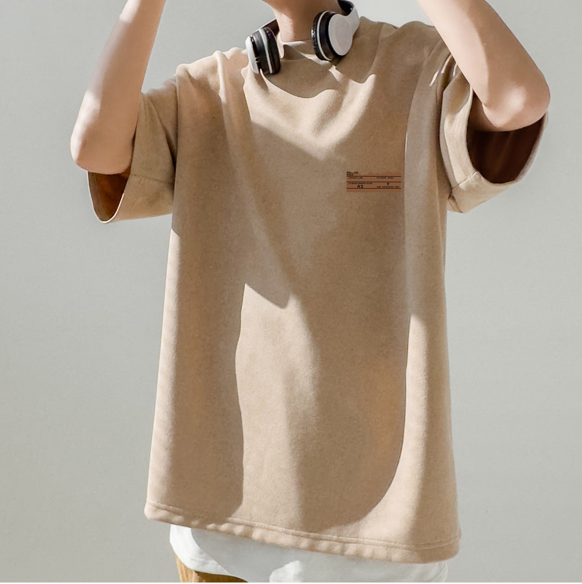 简恒咖色重磅美式复古男士短袖t恤夏季男款百搭仿麂皮绒定制T恤潮详情5