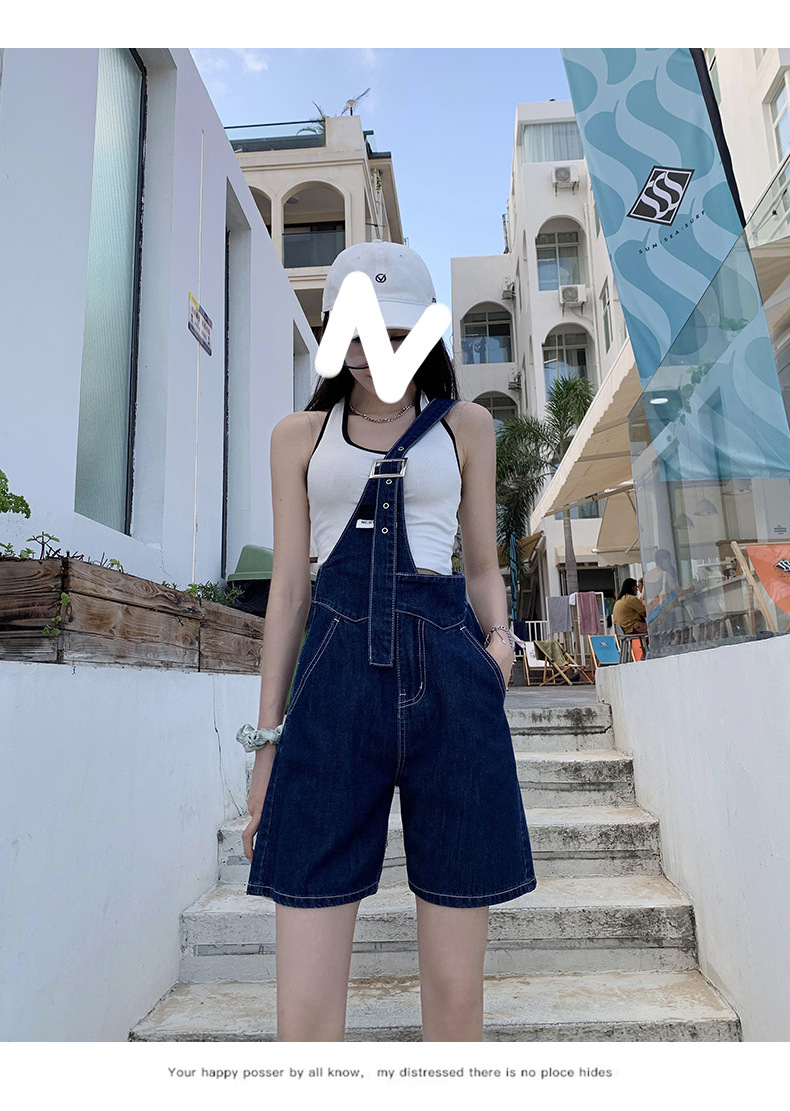 Summer retro salt single-shoulder overalls for women 2021 new style fashionable and youthful thin denim shorts, Korean style loose pic 13