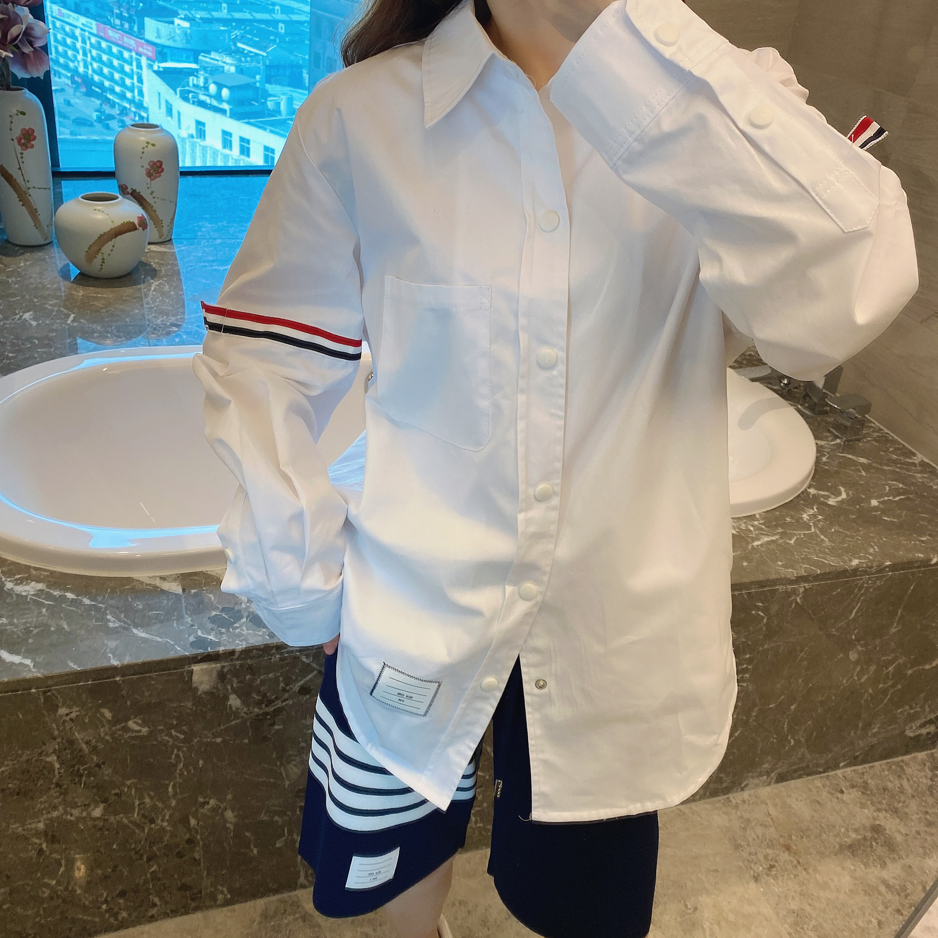 TB casual trendy brand poplin slim-fit solid white shirts for men and women, Oxford fabric shirts for women with long sleeves pic 62