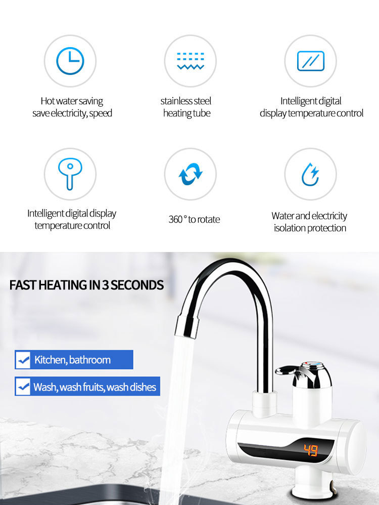 Digital display electric water faucet, instant water heater, quick hot water faucet, connection type electric water faucet, no installation required pic 34