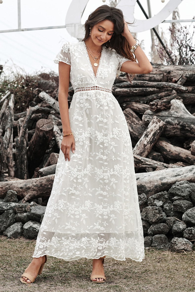 Summer lace crochet and cut-out long dress for women, European and American cross-border solid color style commuting solid color dress forwarding 611245 pic 36