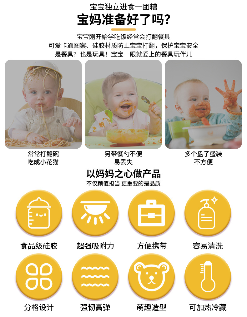 硅胶儿童餐具食品级圆形分格餐盘母婴餐具宝宝辅食碗叉勺围兜套装详情5