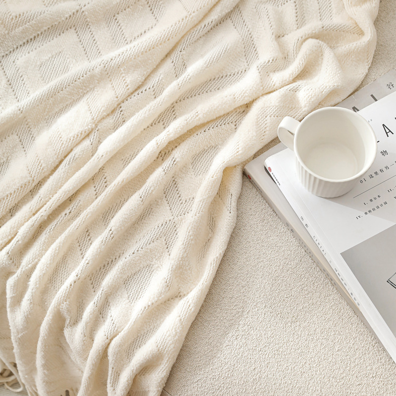 Ins-style soft solid-color acrylic warp knitted jacquard checkered blanket sample room homestay decoration camping blanket pic 15