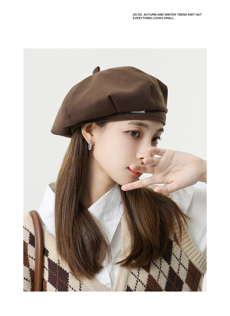 韩版秋冬毛呢金属标贝雷帽子女八角帽大头围显脸小时尚文艺画家帽详情10