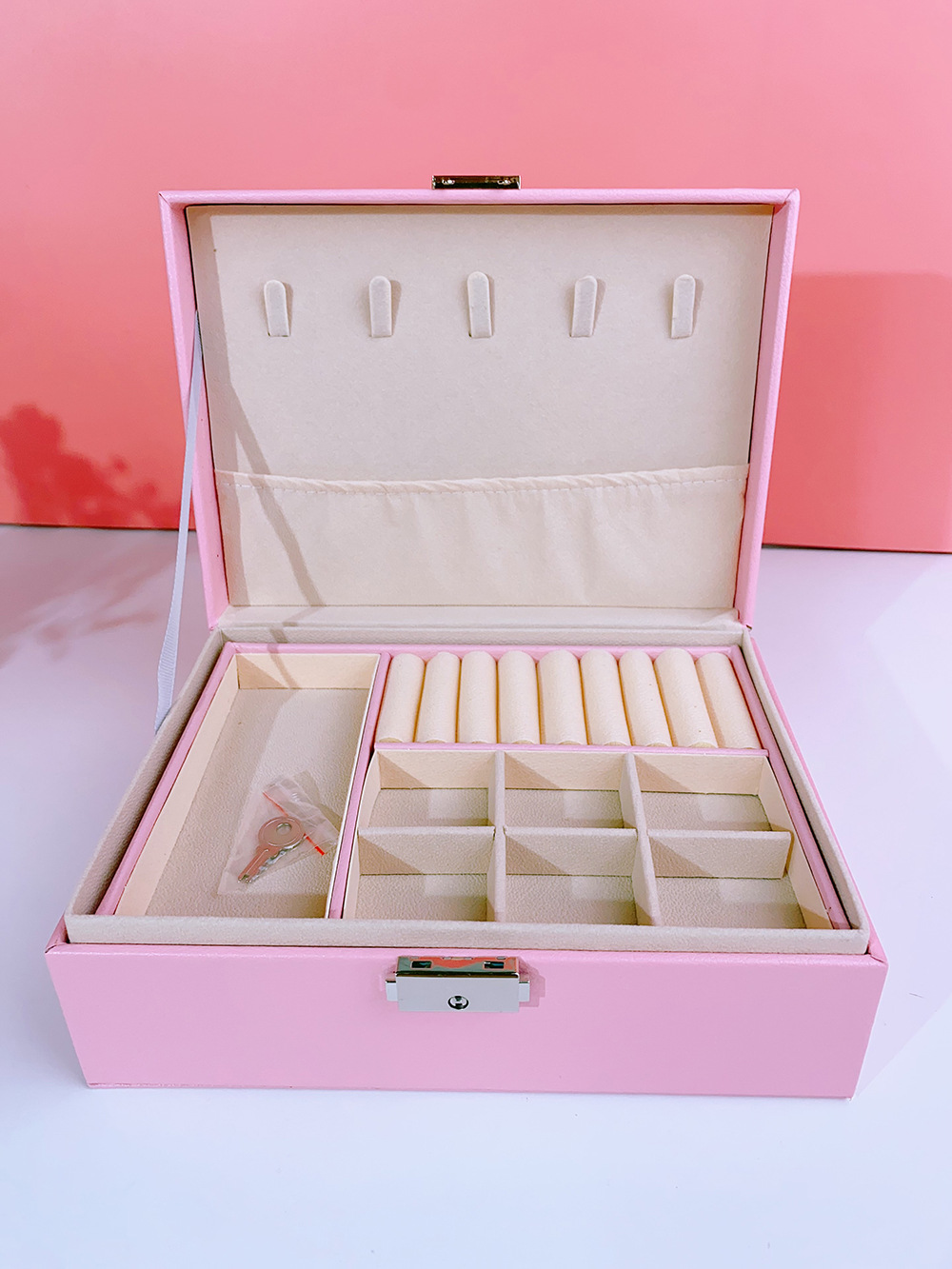 瑾奇2023首饰盒带锁双层大容量皮革珠宝饰品戒指项链耳环耳钉收纳盒子 粉色儿童收纳系列 JQ009详情2