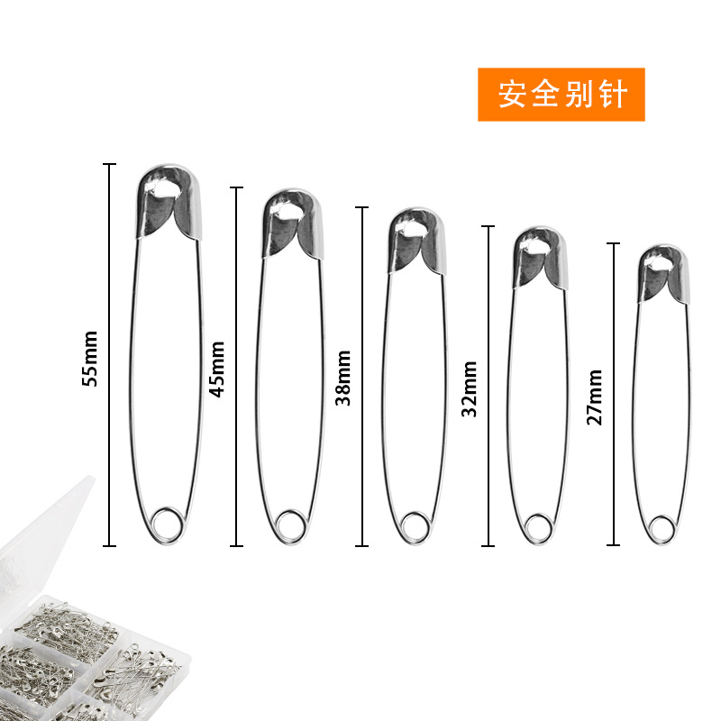 跨境新款300枚银色镀镍别针套装5种尺寸家用固定别扣厂家批发详情14