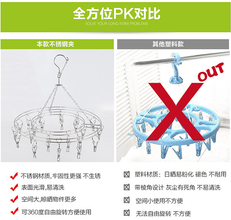 22-clip multi-functional stainless steel disc clothes drying rack, multi-clip sock drying rack, windproof underwear and baby clothes hanging wholesale pic 9