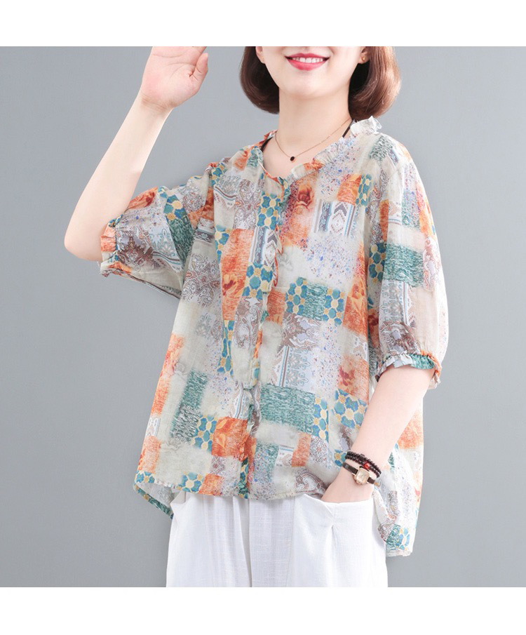 2023春夏新款韩版时尚气质大码1减龄印花复古洋气棉麻短袖T恤女装详情14