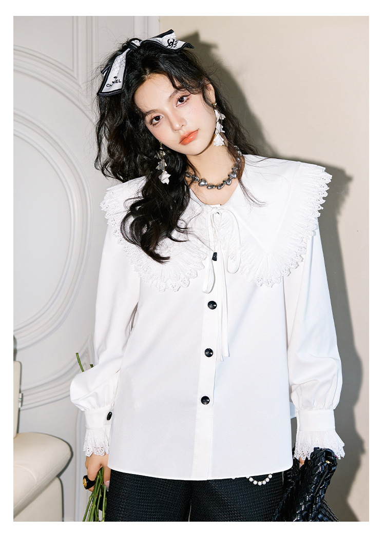 The new long-sleeved white shirt for women in the autumn of 2023, with lace trim and a doll-neck design, is a stylish shirt for women pic 25