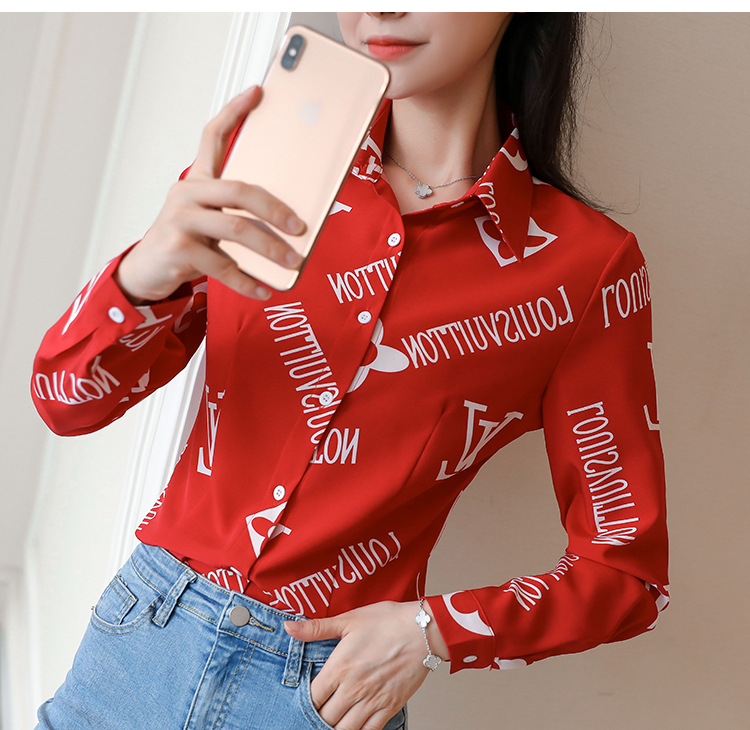 New spring and autumn Korean-style slim-fit shirt for women, long-sleeved printed striped trendy base layer, Hong Kong-style top for women pic 46
