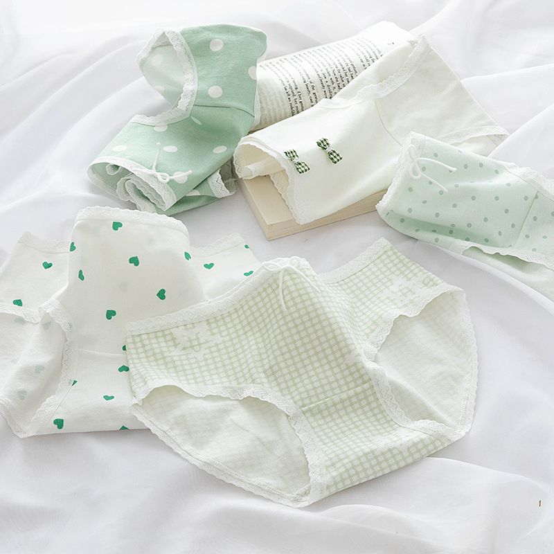 Japanese-style fresh and light polka dot print milkshake green girl underwear for women, pure cotton crotch mid-waist student briefs pic 37