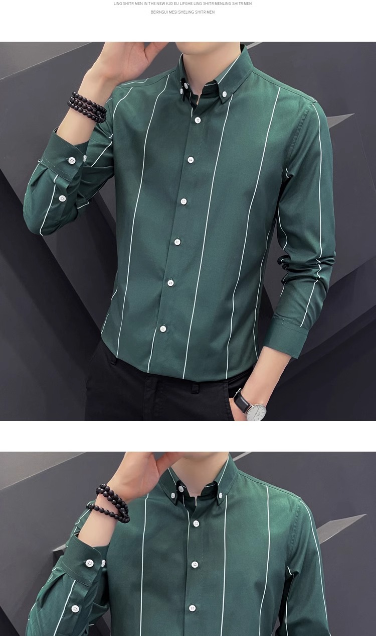 2025 hombre camisa manga larga casual coreano versión tendencia estiramiento delgado hermoso blusa blanca rayas top cool pic 14