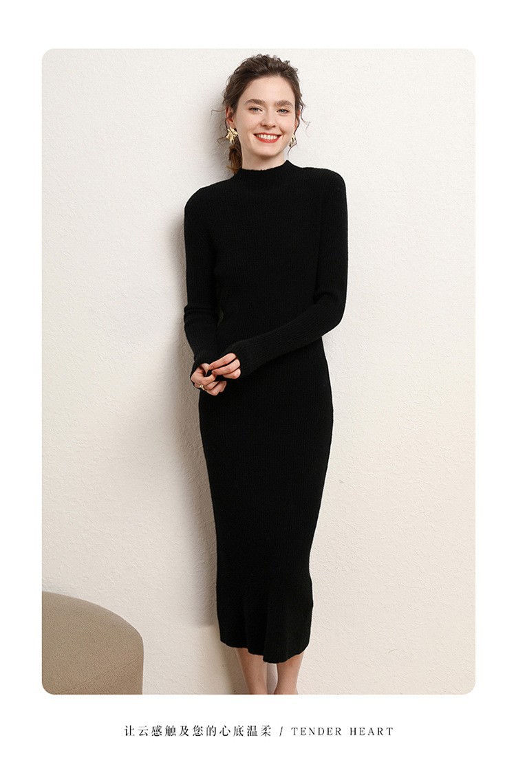 Early autumn semi-high-neck wool dress for women, mid-length sweater, knee-length cashmere knitted body-hugging skirt, long skirt as a base layer pic 32