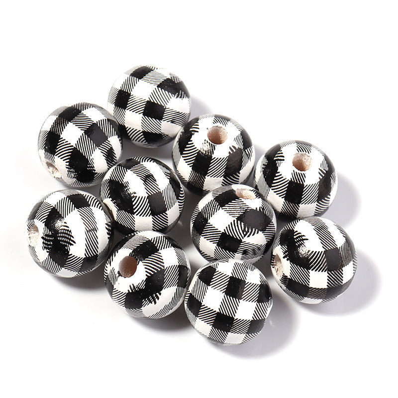 千鸟格木珠DIY挂饰装饰串珠彩色格子木珠配件条纹印花带孔木珠详情19