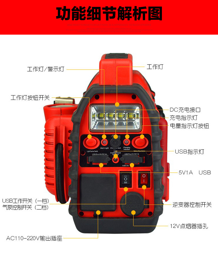 12V car emergency start power supply, ignition and air pump all-in-one machine, car rescue battery, power bank, jumper pic 4