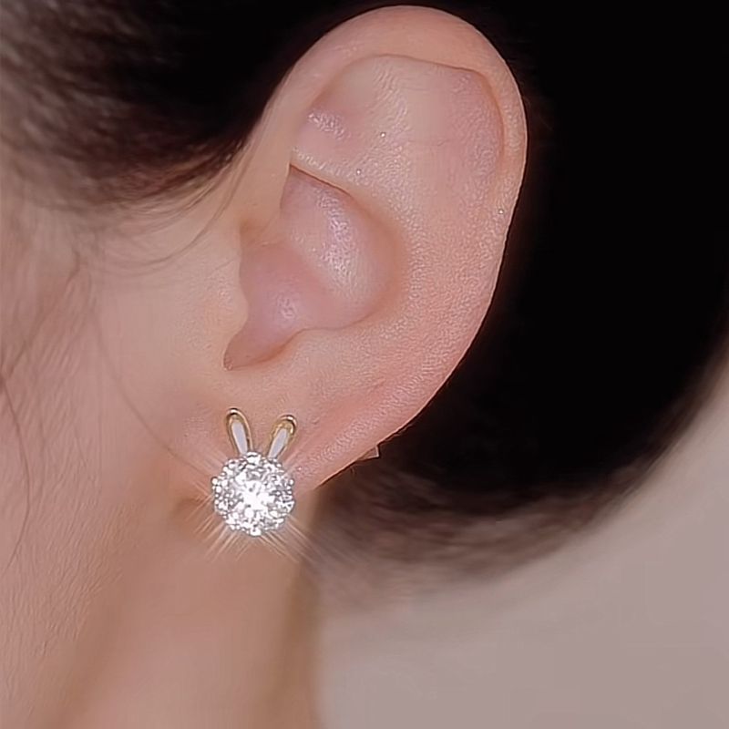 可旋转金色满钻兔子耳钉耳环女生肖兔可爱小动物网红百搭耳饰批发详情5