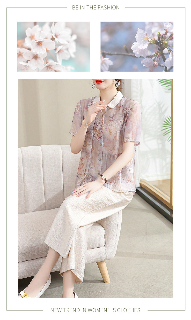 中年妈妈夏装棉麻套装洋气2024新款中老年女夏季短袖衬衫上衣薄款详情35