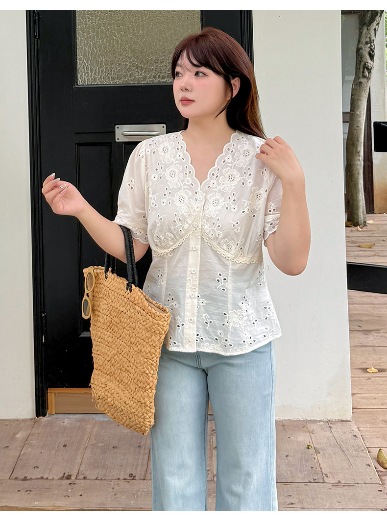 Korean lace-embroidered hollowed-out short-sleeved blouse for women in the summer of 2025, a new French waist-cinching top for chubby girls, 222447 pic 25