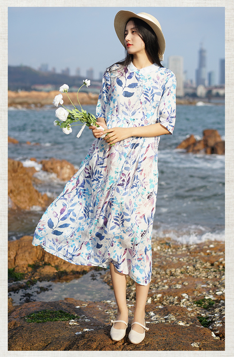 新中式棉麻女装2023春夏季新款碎花连衣裙女翻领显瘦女士苎麻长裙详情23