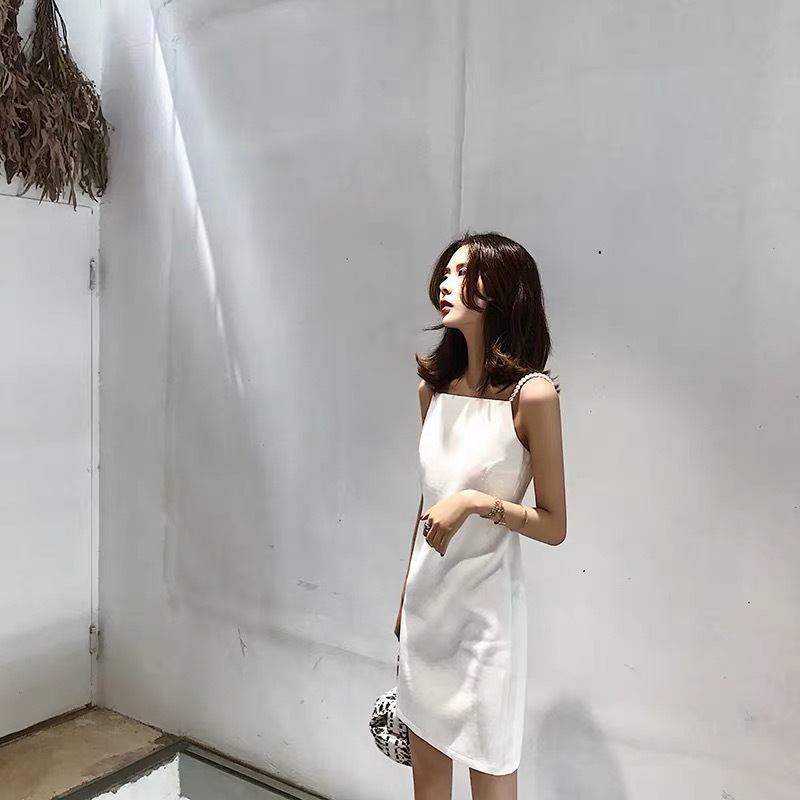 新款韩版白色珍珠吊带露背性感聚会小礼服连衣裙无胸垫详情1