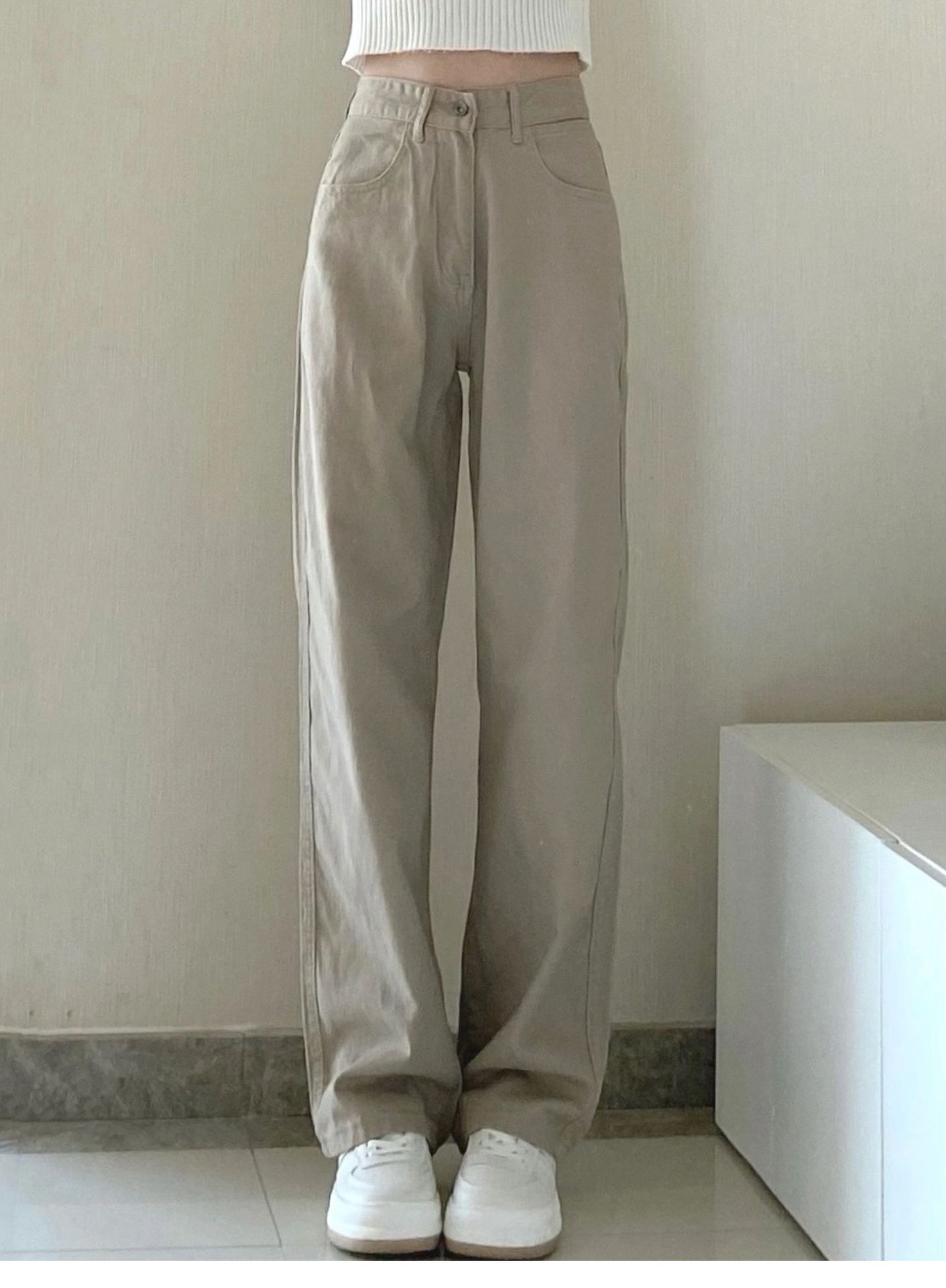 The 2022 Spring/Summer new khaki straight-leg wide-leg jeans make women look slimmer and taller. They are loose, high-waisted, floor-length and paired with long pants pic 12