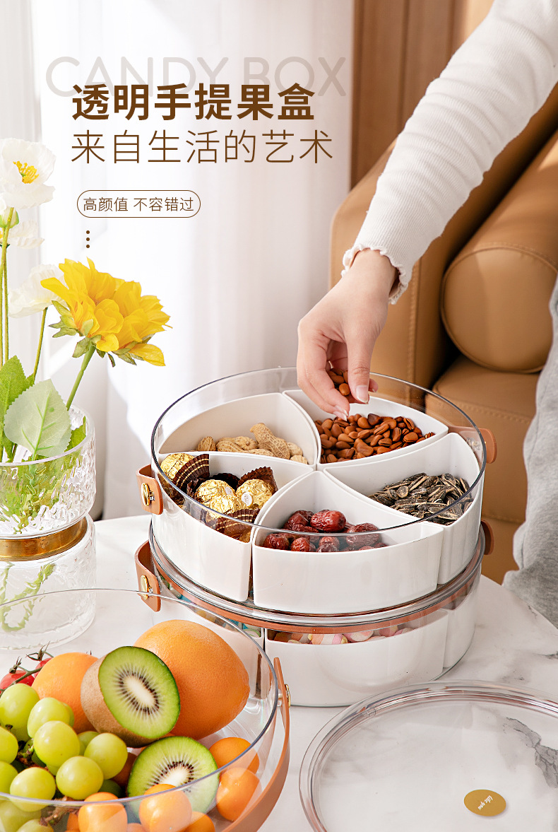 Living room coffee table, candy box, light luxury snack box, transparent hand-held simple fruit box, modern and simple compartmented dried fruit plate pic 1