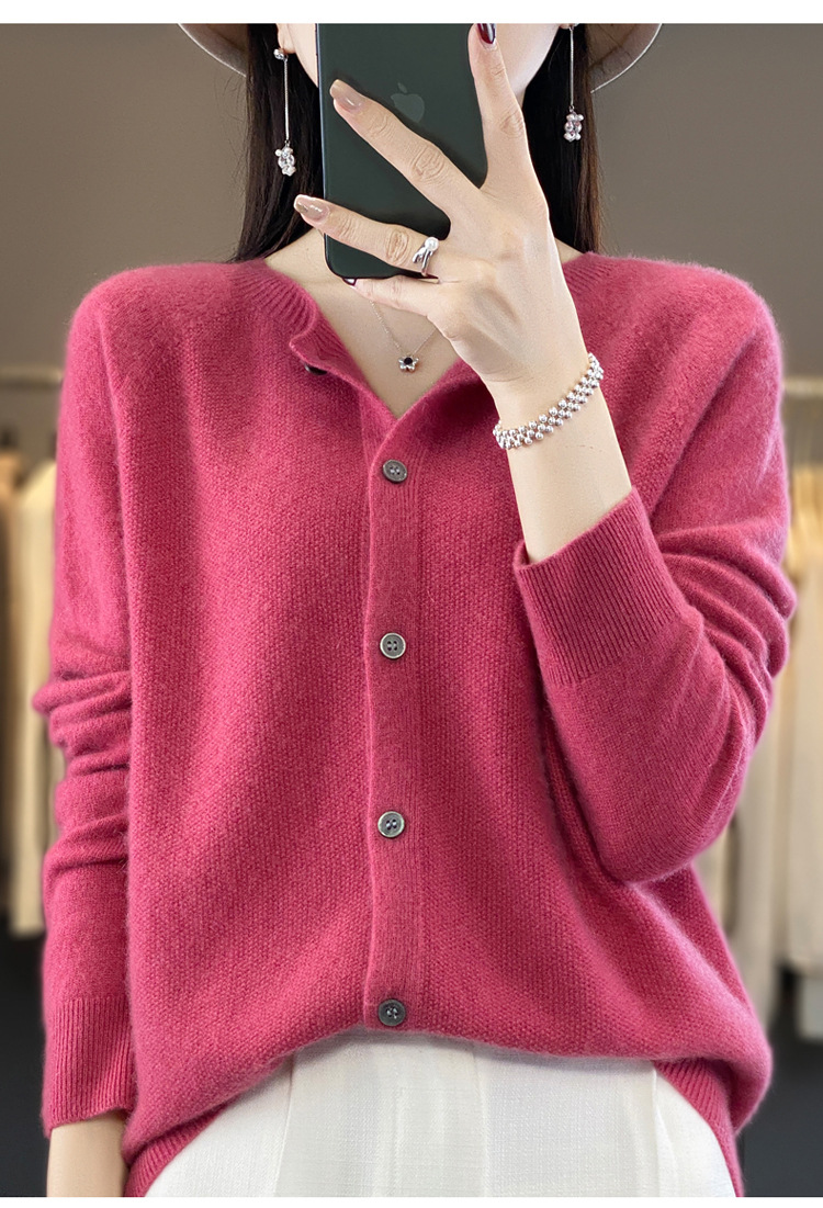 爆款批发秋冬季新款纯羊毛桂花针开衫宽松大码圆领羊毛衫详情23