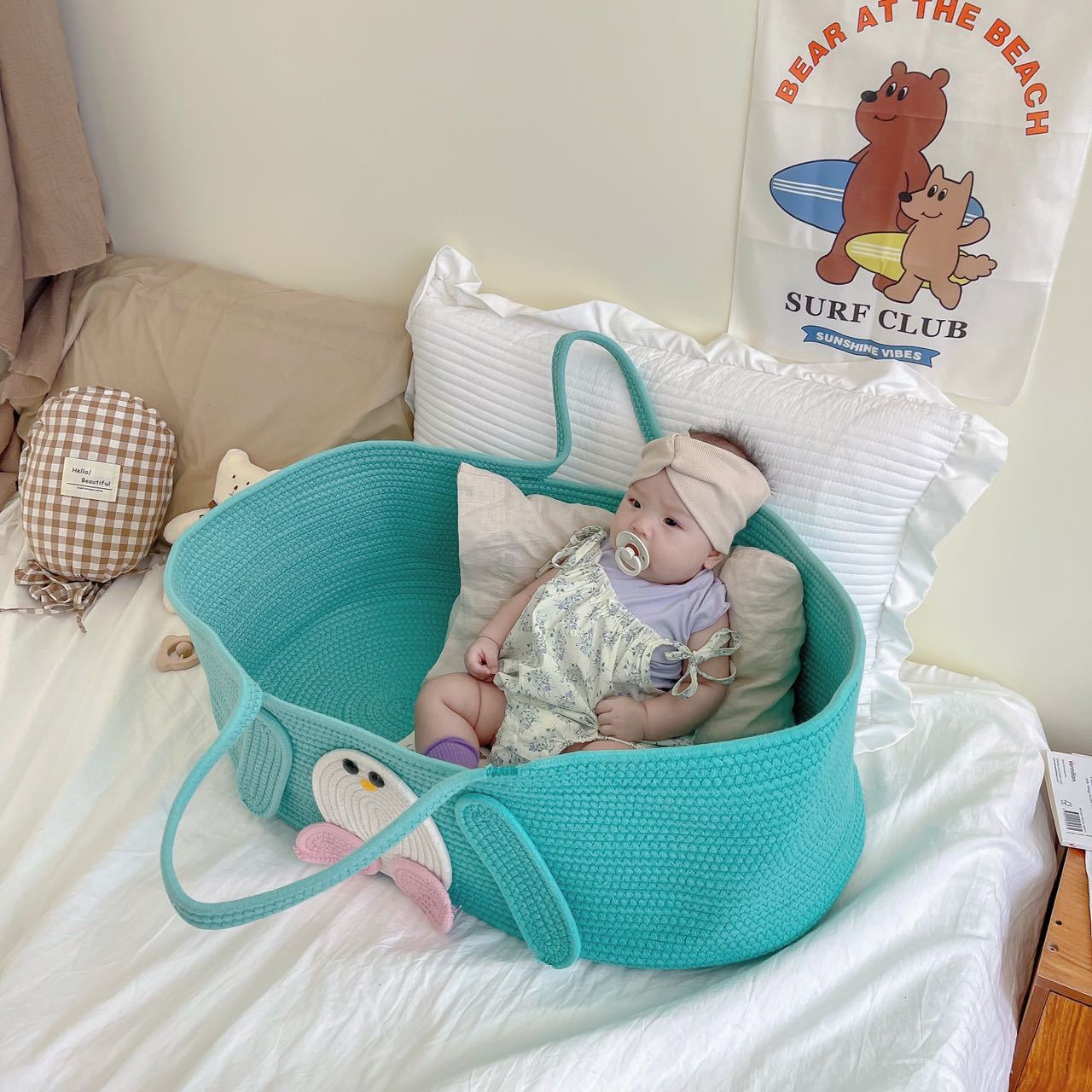 Portable pure cotton woven baby sleeping basket, portable baby crib for going out pic 17