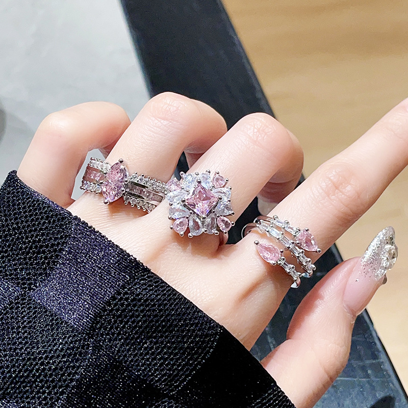 Sweet and Cool Style series pink zircon colored gemstone open ring, light luxury and high-end feel, unique flower Little Red Book Ring girl pic 7