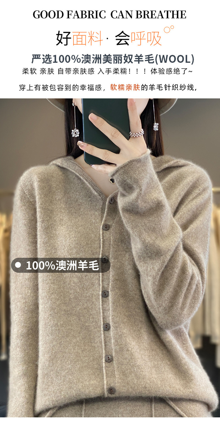 女士连帽100羊毛衫开衫百搭秋冬新款纯色一线成衣潮卫衣针织外套详情3