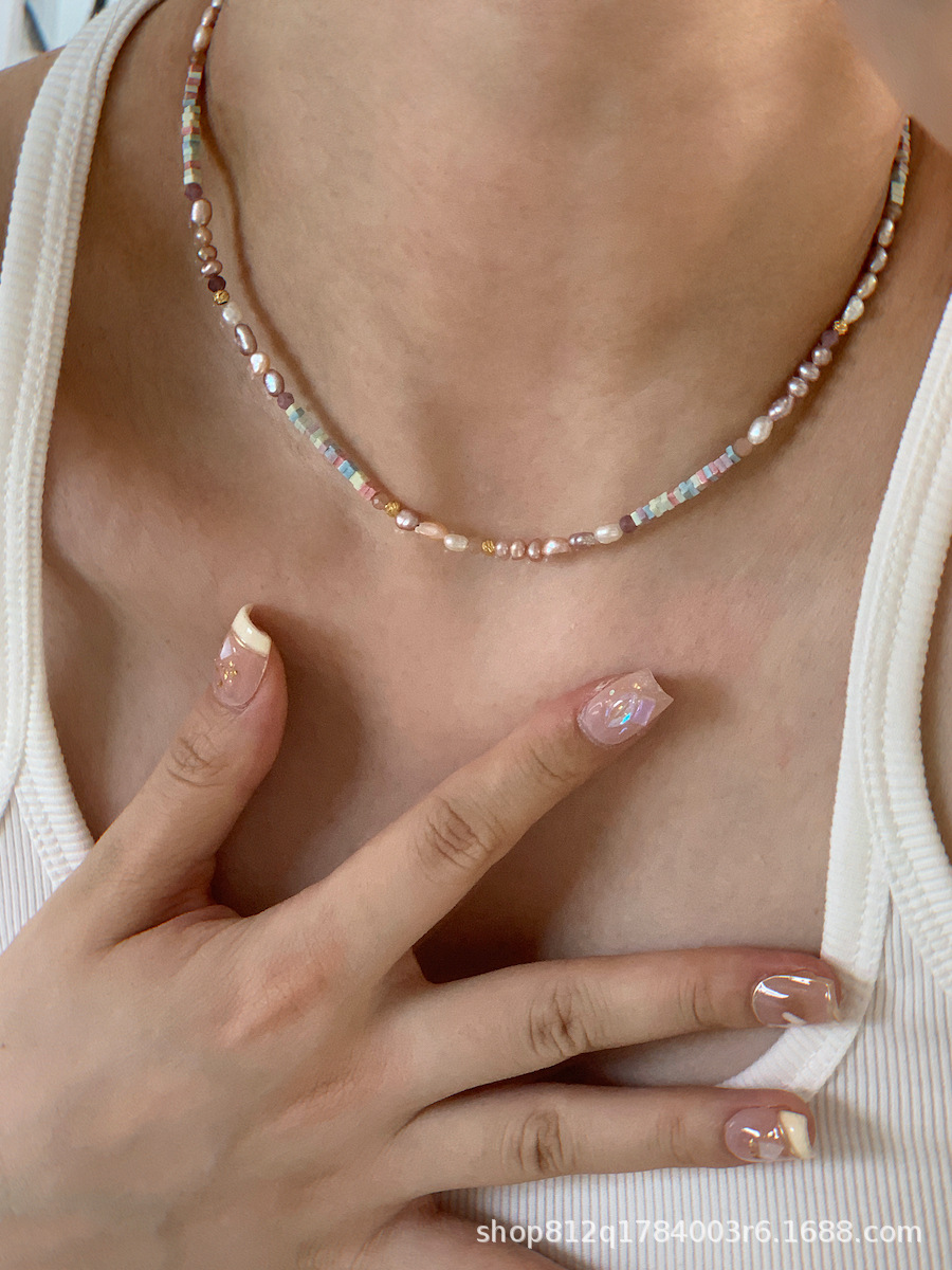 Dreamy pinkish-purple aurora silver pearl necklace, mini irregular Baroque-style light luxury necklace, niche pic 13