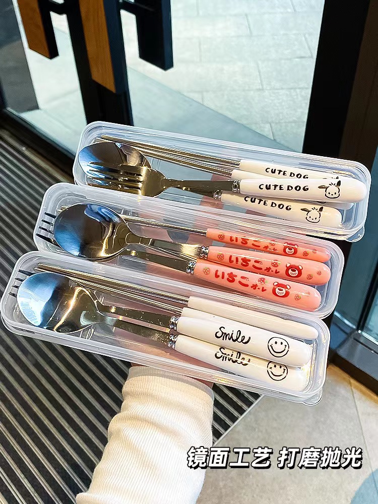 创意卡通不锈钢便携餐具学生可爱餐具旅行餐盒勺子叉子筷子三件套详情2