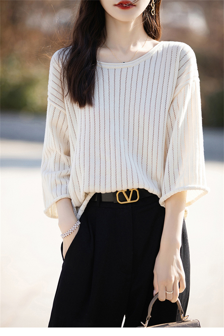 七分袖中袖夏女装纯棉镂空针织套头T恤清凉针织衫宽松版套头大码详情25