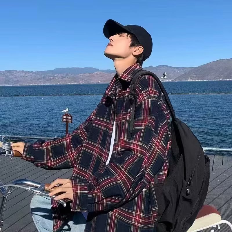 美式春秋季日系长袖格子衬衫男士韩版潮流ins网红休闲款衬衣外套详情18