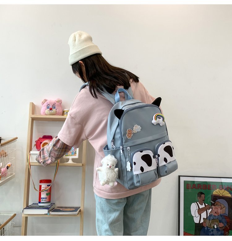 Japanese-style ins campus school style, fresh and cute, cute cow with earbuds, soft girl schoolbag, funny student backpack pic 21
