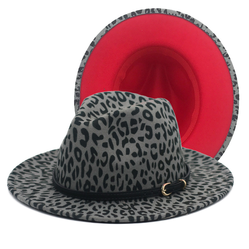 Leopard print color-blocked top hat, wide-brimmed jazz hat, black belt, woolen felt hat, leopard print bright red top hat pic 7