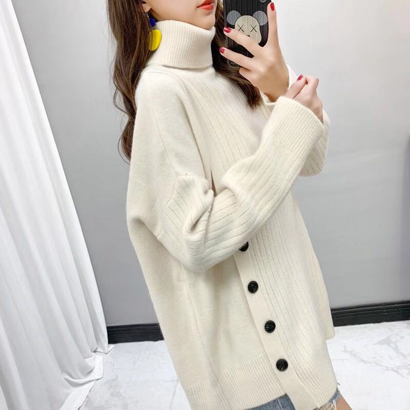 A new Korean style high-neck sweater for women in the autumn and winter of 2023, a loose and laid-back mid-length irregular knitted top pic 12