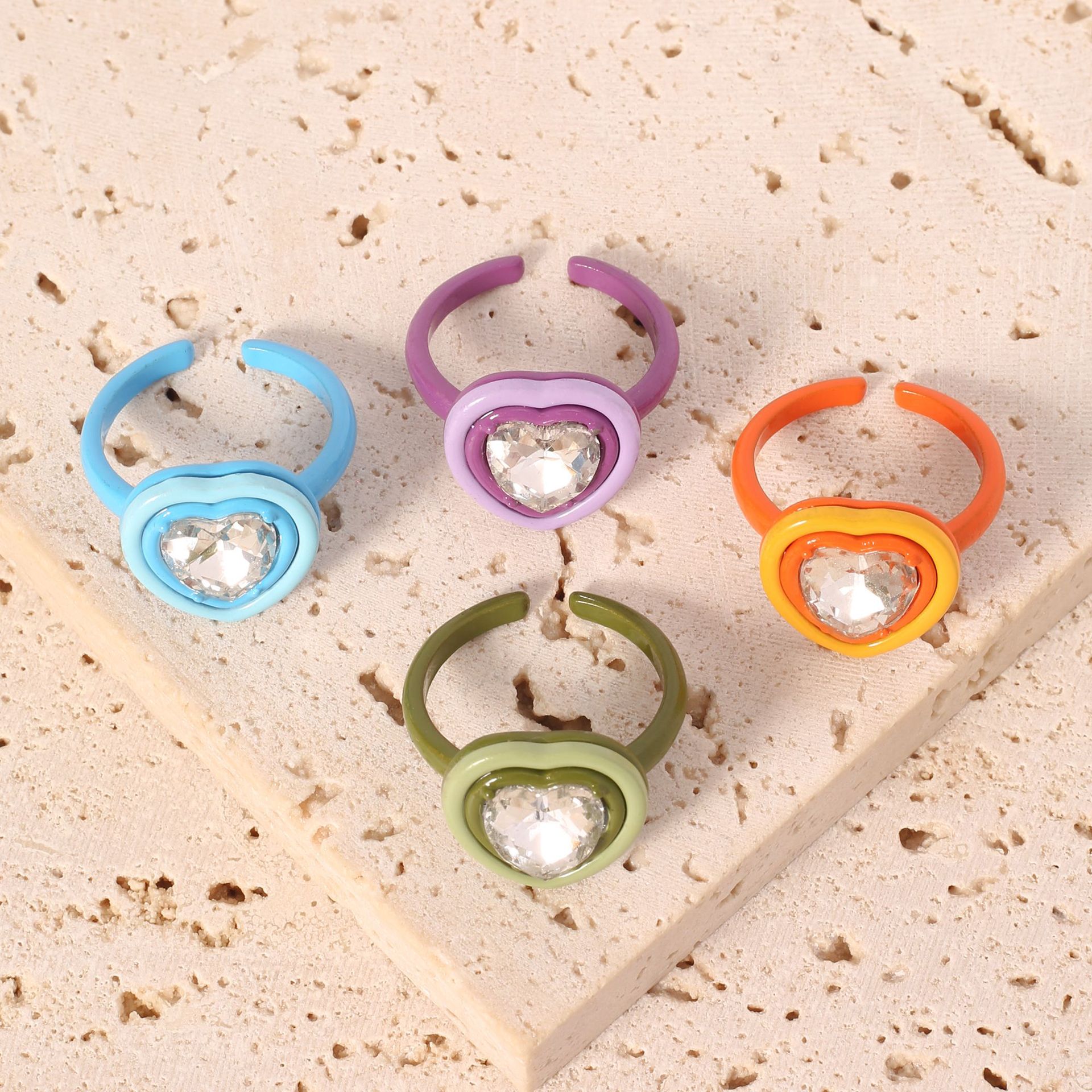 Trendy and personalized joint ring, heart-shaped water diamond resin ring, adjustable opening for women, sweet and girlish index finger ring pic 1