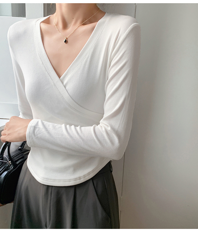 A new French cross-V-neck top for women, featuring a versatile Korean long-sleeved T-shirt with a unique design sense pic 12